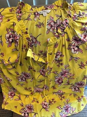 COUNTERPARTS Yellow Floral Ruffle Tie-Neck Blouse